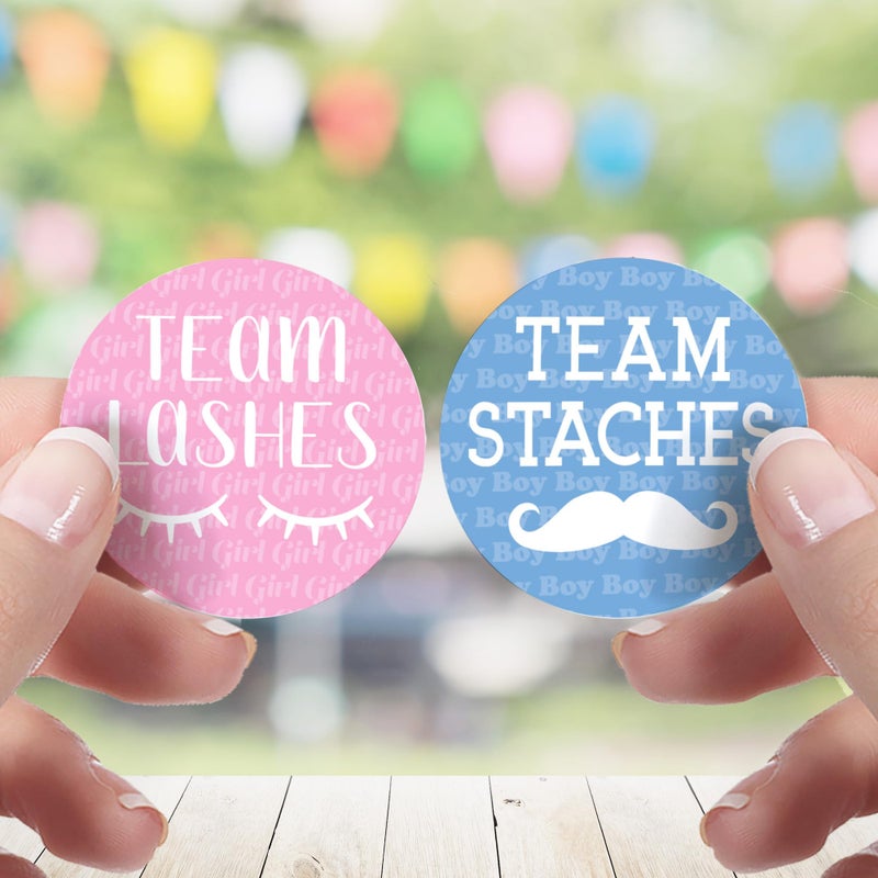 DISTINCTIVS Baby Gender Reveal Team Lashes or Team Staches Stickers, Pink or Blue - 40 Labels - Image 2